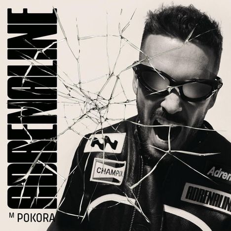 Texte: „ADRENALINE“, „M POKORA“, „CHANPIX“. Schwarz-weißes Bild eines Mannes mit Sonnenbrille, zersplittertes Muster.
