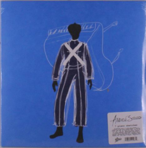 "Andre 3000" in großer Schrift oben. Silhouette eines Musikers mit Retro-Uniform in Blau mit Instrument im Hintergrund.
