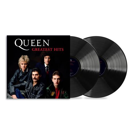 Covertext: "QUEEN GREATEST HITS". Vier Männer, stilvoll gekleidet, posieren ernsthaft. Zwei schwarze Schallplatten daneben.