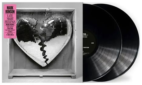 "Mark Ronson, Late Night Feelings," zwei schwarze Vinyl-Schallplatten, zerrissenes Disco-Glitzerspiegel-Herz in Kiste.