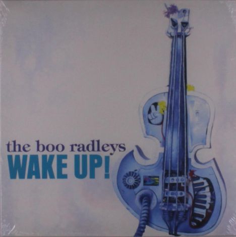 Text: "the boo radleys WAKE UP!" Illustration: Eine blaue Geige mit eingebauten elektronischen Geräten und Kabeln.