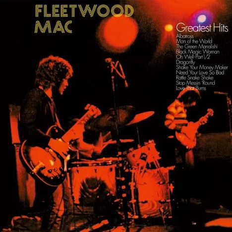 „Fleetwood Mac Greatest Hits“ steht oben. Eine Band spielt auf einer Bühne mit rotem und gelbem Scheinwerferlicht.