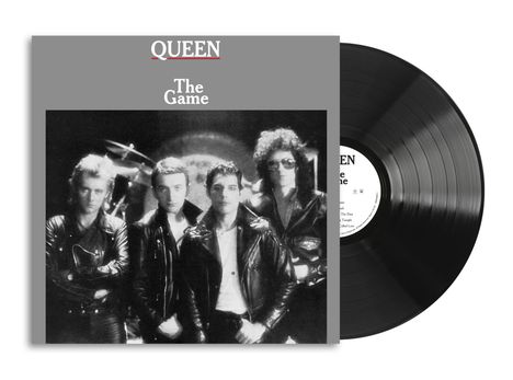 Albumcover "The Game" von QUEEN; vier Männer in Lederjacken posieren. Links daneben eine schwarze Schallplatte.