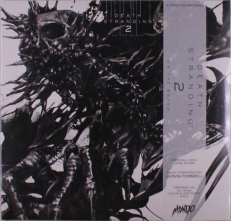 „Death Stranding 2" in fettem Text. Dunkle, stachelige Kreatur. Atmosphärische und finstere Illustration.