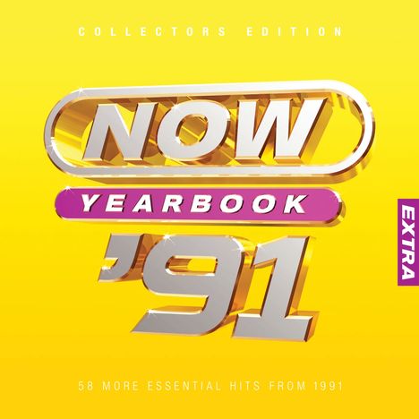 Text: "Collectors Edition", "NOW Yearbook '91", "58 More Essential Hits from 1991", "Extra". Gelber Hintergrund, Retro-Stil.