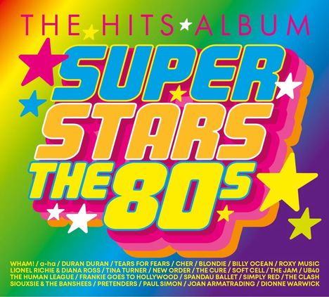 "The Hits Album: Super Stars The 80's" in bunten, auffälligen Buchstaben und vielen Sternen dargestellt.