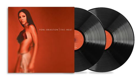 Titel: "Toni Braxton The Heat". Rotes Albumcover mit Porträt einer Frau. Zwei schwarze Vinyl-Schallplatten.
