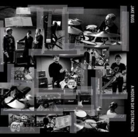 Collage aus Musikstudioaufnahmen mit Texten: "JAKE BUGG" und "A MODERN DAY DISTRACTION". Musiker spielen Instrumente.