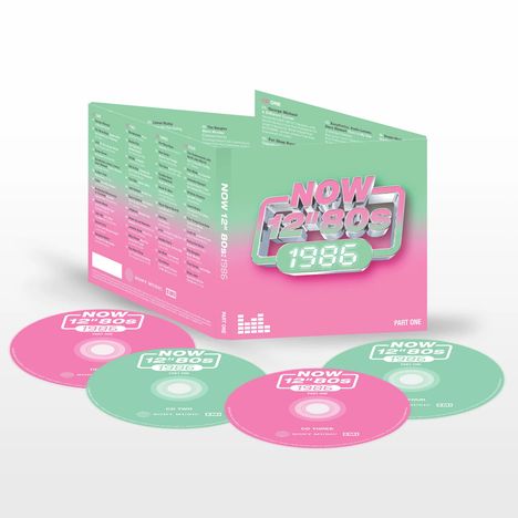 Der Text „NOW 12\" 80s: 1986 PART ONE“ ist prominent. Es zeigt eine Box mit CDs in Pastellfarben, pink und grün.