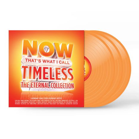 "NOW THAT'S WHAT I CALL TIMELESS: THE ETERNAL COLLECTION" in leuchtenden Farben, orangefarbene Schallplatten.