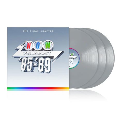 "NOW Yearbook '85-'89", The Final Chapter, silberne Platten, farbiger Streifen unten, modernes Design.