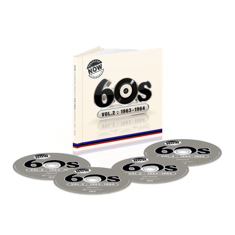 Albumcover mit "60s Vol.2: 1963-1964" und vier CDs davor. Oben Logo "Now Yearbook".
