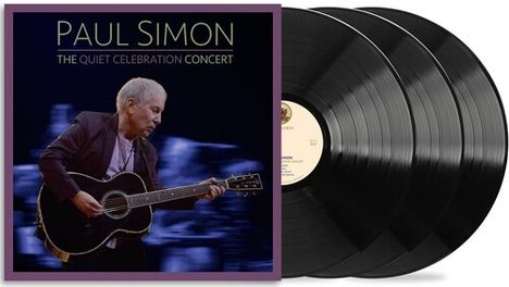 "PAUL SIMON: THE QUIET CELEBRATION CONCERT". Ein Mann spielt Gitarre, daneben mehrere Schallplatten.