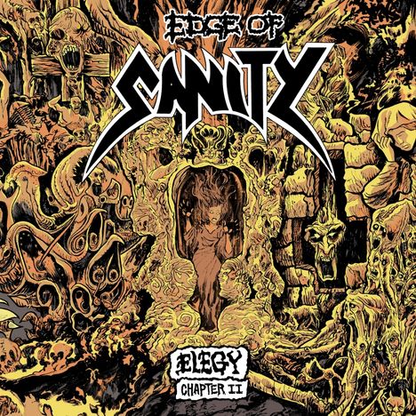 Logo "Edge of Sanity" oben, "Elegy Chapter II" unten. Grauenvolle, verzerrte Kreaturen und eine zentrale schreiende Figur.