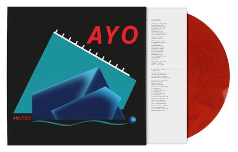 Albumcover: "AYO" und "MINISEX" in roten Buchstaben, geometrische Formen, rote Schallplatte im Hintergrund.