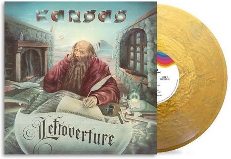 Text "Kansas" oben, "Leftoverture" unten. Illustration eines nachdenklichen Mannes in mittelalterlichem Raum. Goldene Schallplatte.