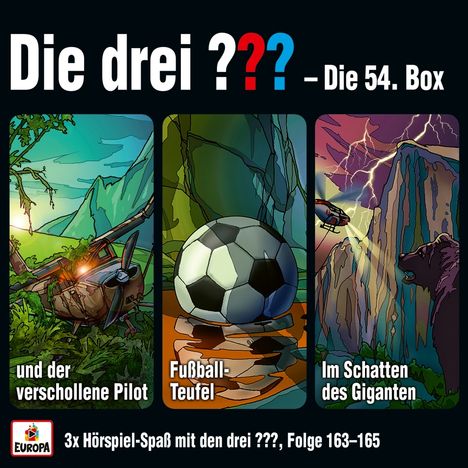 "Die drei ??? – Die 54. Box: und der verschollene Pilot, Fußball-Teufel, Im Schatten des Giganten." Drei Illustrationen.