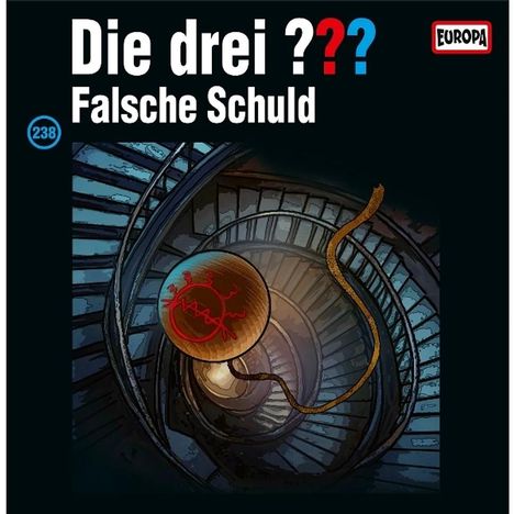 "Die drei ??? Falsche Schuld", eine spiralförmige Treppe, darauf eine rote Kugel mit Symbolen und ein Seil.