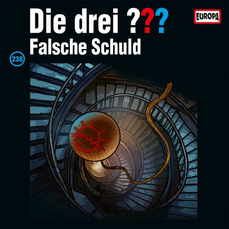 „Die drei ??? Falsche Schuld“ steht groß auf einem dunklen Hintergrund. Eine spiralförmige Treppe dominiert die Illustration.