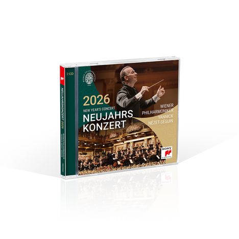 2026 Neujahrs Konzert, Wiener Philharmoniker. Dirigent Yannick Nézet-Séguin. Orchester und Blumen im dekorierten Saal.