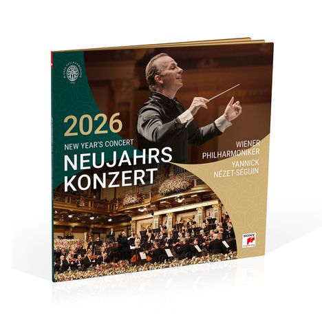 „2026 Neujahrskonzert Wiener Philharmoniker Yannick Nézet-Séguin“. Dirigent und Orchester in eleganter Umgebung.