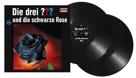 "Die drei ??? und die schwarze Rose". Eine schwarze Rose auf rotem Grund, daneben zwei schwarze Vinyl-Schallplatten.