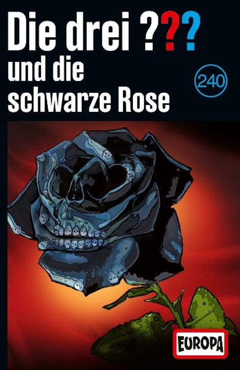 Text: "Die drei ??? und die schwarze Rose". Illustration: Schädel in Form einer schwarzen Rose auf rotem Hintergrund.