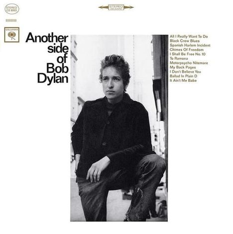"Another side of Bob Dylan" und Songtitel. Schwarz-weißes Foto eines nachdenklichen Mannes auf der Straße.