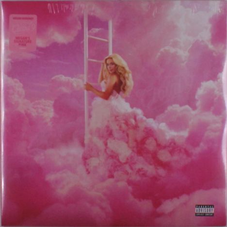 Text: "MEGAN'S SIGNATURE PINK" und "EXPLICIT CONTENT" Hinweis. Eine Frau in einem rosa Kleid auf einer Leiter in rosa Wolken.