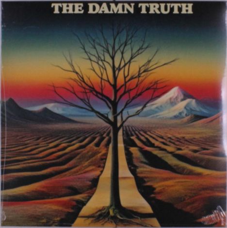"The Damn Truth" steht oben. Eine Illustration zeigt einen kahlen Baum vor einem farbenfrohen Himmel und Bergen im Hintergrund.
