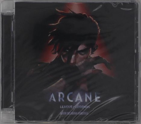 "ARCANE", "LEAGUE OF LEGENDS" auf CD-Hülle, Illustration zeigt mysteriöse Figur mit Schatten, rot-schwarzer Hintergrund.