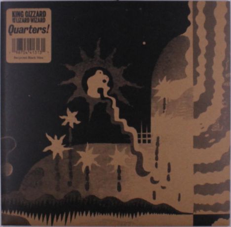 "King Gizzard & The Lizard Wizard, Quarters!" In einer stilisierten Illustration mit Sonne, Sternen und welligen Linien.