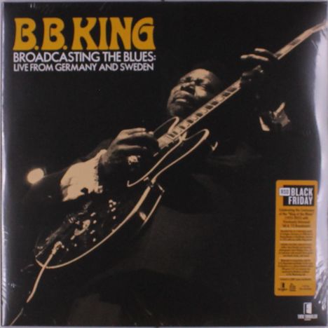 "B.B. King Broadcasting the Blues: Live from Germany and Sweden" in gelber und weißer Schrift, zeigt einen Mann mit Gitarre.