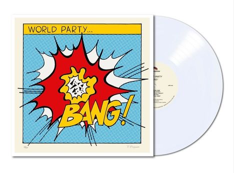 "World Party... BANG!" in Comic-Stil mit rotem und gelbem Explosionseffekt und einem weißen Vinyl im Hintergrund.
