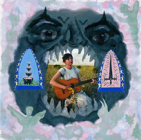 Gemälde: Eine Person mit Gitarre in der Mitte, umgeben von einem aufgerissenen Maul eines düsteren Gesichts.