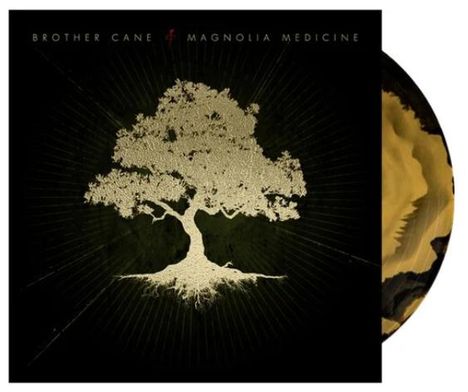 "Brother Cane Magnolia Medicine" oben. Ein goldenes Baum-Logo auf dunklem Hintergrund mit sichtbarer Schallplatte.
