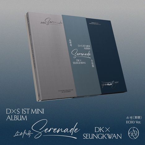 DX’S 1ST MINI ALBUM “Serenade” von DKxSEUNGKWAN, drei stilvolle Buchcover in Grau- und Blautönen.