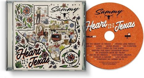 Oben steht "Sammy Arriaga". Unten in geschwungener Schrift "Heart in Texas". Illustration von Szenen in Texas, verziert mit Blumen.