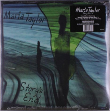 Text: "Maria Taylor", "Story's End". Illustration mit abstrakten Formen und Silhouetten in Blau- und Grüntönen.