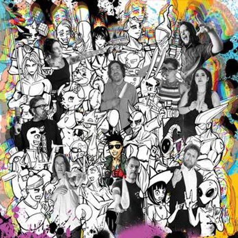 Eine Collage: oben "Ola ke ase". Menschen sind mit schwarz-weißen, cartoonartigen Figuren umgeben. Bunt gesprenkelter Hintergrund.