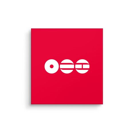 Eine rote Fläche mit drei weißen, abstrakten Kreisen.