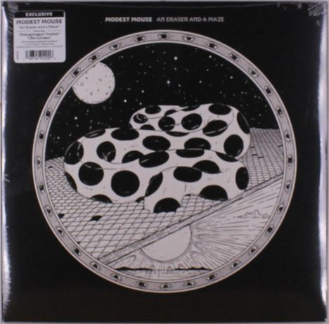 Text: "Modest Mouse, An Eraser and a Maze." Illustration: Punkte-Krater und geometrische Muster, Mond oben, Sonne unten.