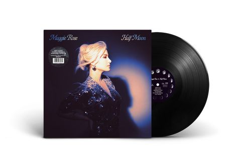 „Maggie Rose“, „Half Moon“; Frau im Profil mit Hochsteckfrisur auf Vinyl-Plattenhülle. Vinyl sichtbar.