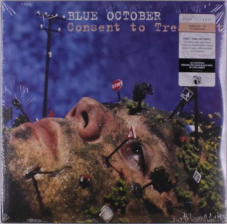 "BLUE OCTOBER Consent to Treatment". Gesicht liegt waagerecht, bewachsen mit Gras, Bäumen und Verkehrsschildern.