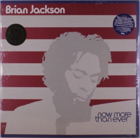 Texte: "Brian Jackson", "now more than ever". Illustration: Graues Porträt vor rot-weiß gestreiftem Hintergrund.