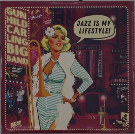 „Jazz is my lifestyle!“ Eine Frau im Retro-Stil mit Trompete, eine Jazz-Szene im Hintergrund.