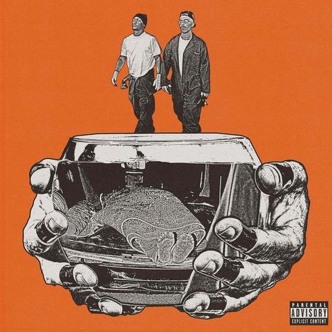 "Parental Advisory Explicit Content" unten rechts. Zwei Männer laufen über ein riesiges Glas, das von Händen gehalten wird. Orange Hintergrund.