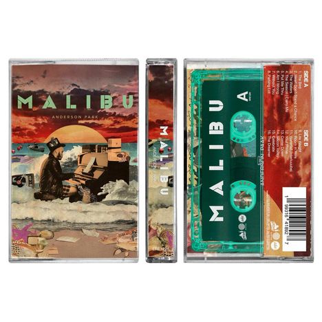 Titel: "Malibu", Künstler: "Anderson .Paak". Collage eines Mannes am Piano vor Ozean und Sonnenuntergang.