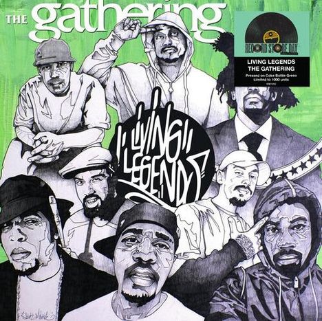 Text: "The gathering", "Living Legends", "Living Legends The Gathering". Schwarz-weiße Zeichnungen von sieben Männern.