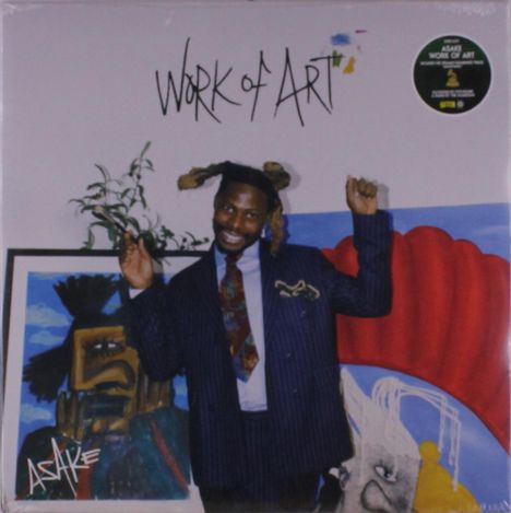 Text "Work of Art". Ein Mann im Anzug posiert lächelnd vor Kunstwerken mit leuchtenden Farben.